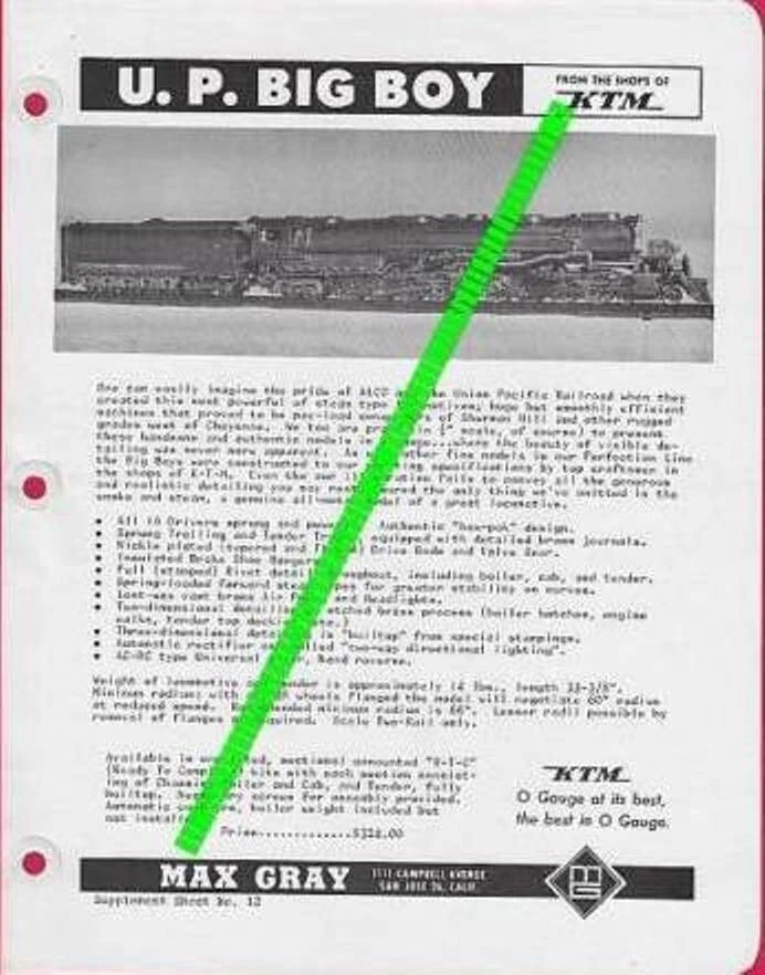 catalogo MAX GRAY Supplement Sheet No 12 May 1959 KTM UP Big Boy Gauge O  E   aa - Immagine 1 di 1