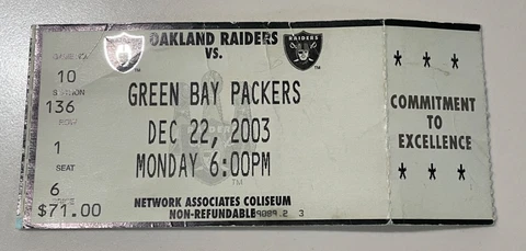 12/23/03 MNF Brett Favre ticket FRONT ROW Behind Green Bay Packers bench Raiders Cover