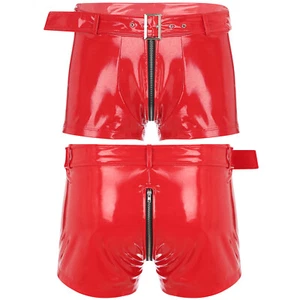 Men's Wet Look Latex PVC Leather Zipper Shorts Bulge Pouch Boxer Brief Hot Pants - Picture 1 of 26