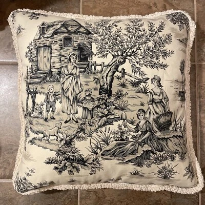 French Toile De Jouy Throw Accent Pillow Black/Cream 20” Feather Insert Fringe - Image 1 of 4