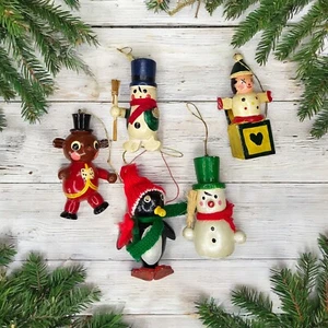 Vintage Handcrafted Wood Christmas Ornaments Set Of 5 Traditional Snowman Pengui - Picture 1 of 10