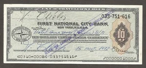 USA Traveler's check; First National City Bank; 10 Dollars 1962; AU; M-38;Cashed - Picture 1 of 2