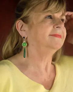 Orecchini Clip On Non Forato Dorato Pendente Multicolore Verde Nero EH3 - Foto 1 di 9