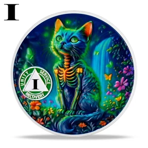 1 Year Sobriety Coin Glow Cat & Tree of Life AA Chips And Medallions Sober Gifts - Picture 1 of 18