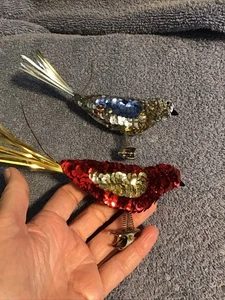 Vtg Sequin Christmas Bird Ornament Cardinal CLIP ON Blue Silver Fancy MCM Retro - Picture 1 of 15