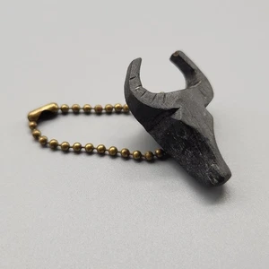 Vtg Carved Wooden Bull Keychain Black Steer Cow Rare Ball Bead Gold Tone Brass - Picture 1 of 6