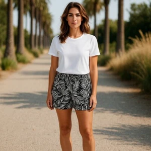 St Tropez Damen Leinen Shorts schwarz weiß tropisches Palmenmuster Kokosnuss Mädchen Gr. 12 - Bild 1 von 10