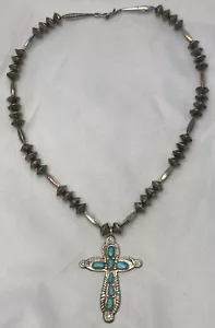 H. IULE Signed Zuni Large Cross Sterling Silver Necklace 24" Bench Beads Chain - Picture 1 of 12