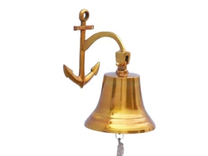 Ship's Bell Brass Plated Solid Aluminum 9" w/ Anchor Bracket Hanging Wall Decor - Picture 1 of 4