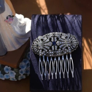 Hair Comb Art Deco Antique Gold Large Oval White Blue Rhinestones 1920s QD22 - Picture 1 of 6