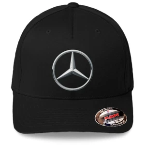 Mercedes-Benz Logo on Black Hat Flexfit Baseball Cap Printed Emblem S/M & L/XL - Picture 1 of 8