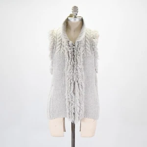 Banana Republic Sweater Vest L Light Gray Alpaca Wool Fringe Cable Knit Zip-up - Picture 1 of 7