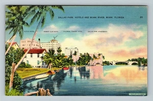 Miami FL-Florida, Dallas Park, Hotels & Miami River Vintage Souvenir Postcard - Picture 1 of 4