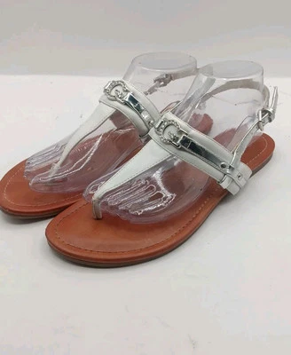 Womens Sz 9.5 GBGBy Guess White W/Guess Medallion And Silver Bands Buckle Sandal - Image 1 of 4