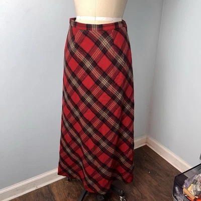 Vtg Harold’s Red Tartan Maxi Skirt Wool 8 Old Money Plaid Academia Horse Kilt - Image 1 of 4