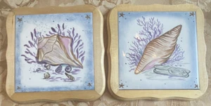 Set Of 2 Vtg Hand Painted SEASHELL Ceramic Tile Trivet Wall Beach Decor Wood - Picture 1 of 6