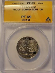 S 25C 1999 prueba estado cuarto Connecticut Anacs PF 69 DCAM #K219 - Imagen 1 de 4