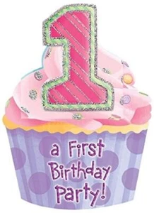 1st Birthday Cupcake Pink First Birthday Party Jumbo Deluxe Novelty Invitations - Picture 1 of 1