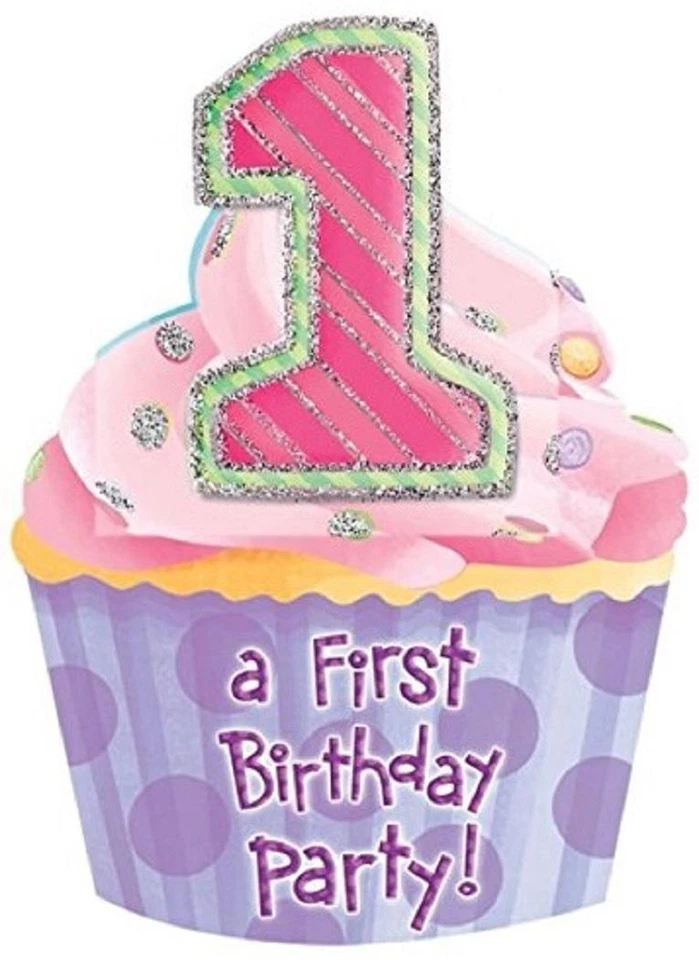 1st Birthday Cupcake Pink First Birthday Party Jumbo Deluxe Novelty Invitations - Image 1 of 1
