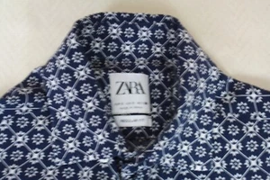 ZARA Men Luxurious Shirt Blue White Geometric Hidden Button Down Viscose 38 S - Picture 1 of 10