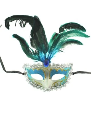 Zac's Alter Ego® Two Tone Glitter Masquerade Mask with Lace Edge, Feathers & Gem - Image 1 of 2
