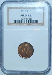 1916 S NGC MS64RB Red and Brown Lincoln Wheat Cent - Picture 1 of 2