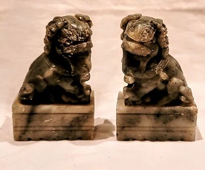Vintage Pair of Feng Shui Hand Carved Stone Temple Soapstone Foo Dogs  - Image 1 of 4