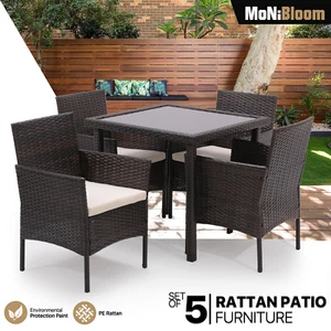 [PE RATTAN CHAIRS+TEMPERED GLASS TABLE] 5 PCS Patio Wicker Furniture Dining Set - Picture 1 of 12
