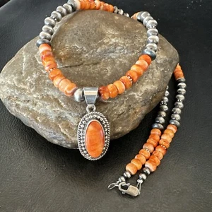 Orange Spiny Oyster Navajo Pearls Sterling Silver  Necklace Pendant 18679 - Picture 1 of 15
