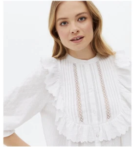 NEW LOOK White Embroidered Lace Frill Yoke 3/4 Sleeve Shirt Top UK10 EU38 - Picture 1 of 12