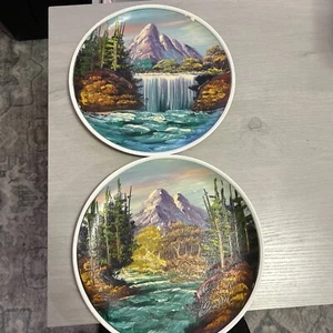 Vintage Ölgemalt Teller Wasserfall Land und Berg 2er Set Teller - Bild 1 von 6