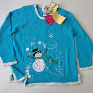 NWT Quaker Factory L Christmas Ugly Sweater Light Up Snowman Beaded White Trim - Picture 1 of 24
