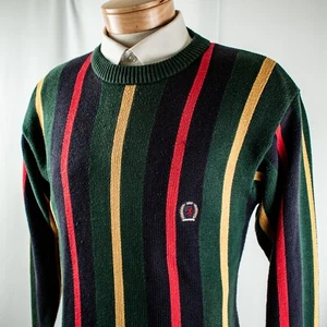 TOMMY HILFIGER Green Red Yellow Blue Striped Cotton Men V-Neck Sweater Size S P - Picture 1 of 13