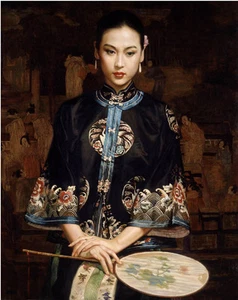 Art Oil painting Chinese Qing Dy noblelady portrait with fan standing on canvas - Picture 1 of 1