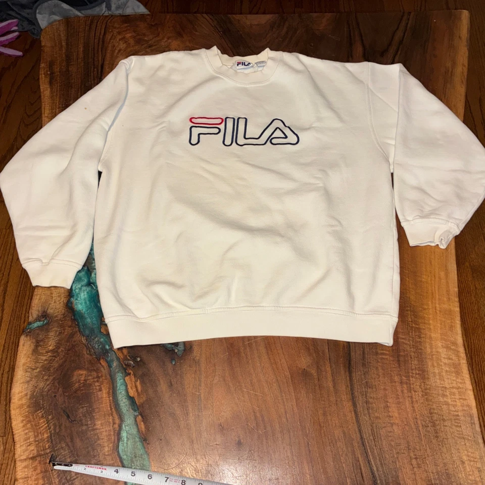 Sudadera vintage Fila para hombre mediana blanca deletreada pulóver años 90 cuello redondo talla Lg Foto 1 de 4