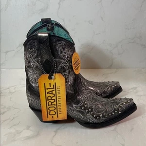 New Women's Leather Corral Ankle Cowboy Boots 6 1/2 Crystal Black Grey Western - Picture 1 of 9