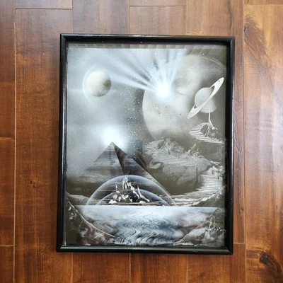 Original Surreal Spray Paint Art Pyramids Space Moon Planets Aliens Signed 17x20 - Image 1 of 4