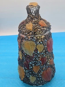 Vtg Filigree Covered Lidded Glass Canister w/Fall Colored Leaves 9.25"*51-6 - Picture 1 of 12
