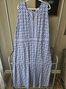 Talbots Dress Womens 3X Blue Floral Maxi Jersey Knit Long Geometric Sleeveless - Picture 1 of 6