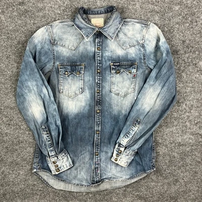 Replay Workwear Denim Shirt Mens S Light Wash Western Snap Vintage  - Image 1 of 4