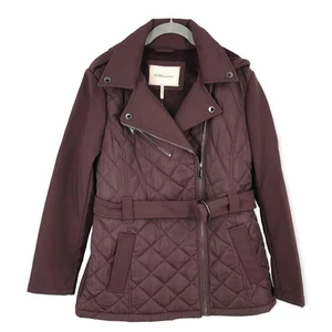 BCBGeneration Women’s Quilted Moto Jacket L Hooded Belted Zip Up Burgundy NWT - Picture 1 of 5