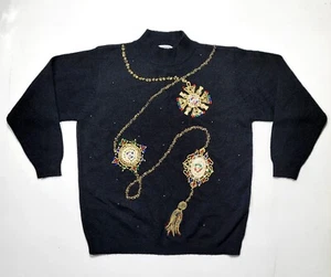 VTG KORET Womens MEDIUM Black Embellished SWEATER Long Sleeve Acrylic Pullover - Picture 1 of 24