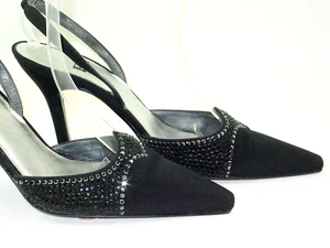 Weitzman Black 6.5 B Faille Slingback Black Strass Posh Goth Heel Reveal - Bild 1 von 12