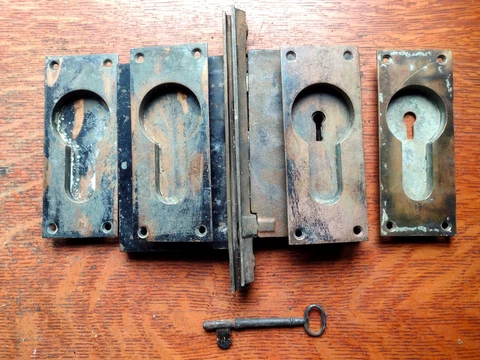 Antique Craftsman Bronze Double Pocket Door Keyhole Pulls & Key, Locks c1885 Cover