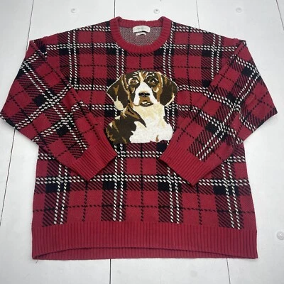 Urban Outfitters Red Tartan Dog Crew Neck Sweater Mens Size Large - Image 1 of 4