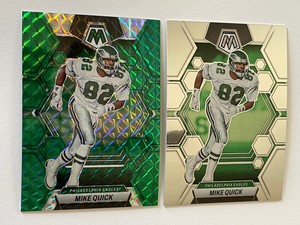 2 Cards: 	2023 Panini Mosaic Mike Quick #200 Green Prizm + Base #200 Eagles