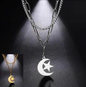 Collana a doppio catena in acciaio inox ciondolo luna  stella per donna idea reg - Foto 1 di 3
