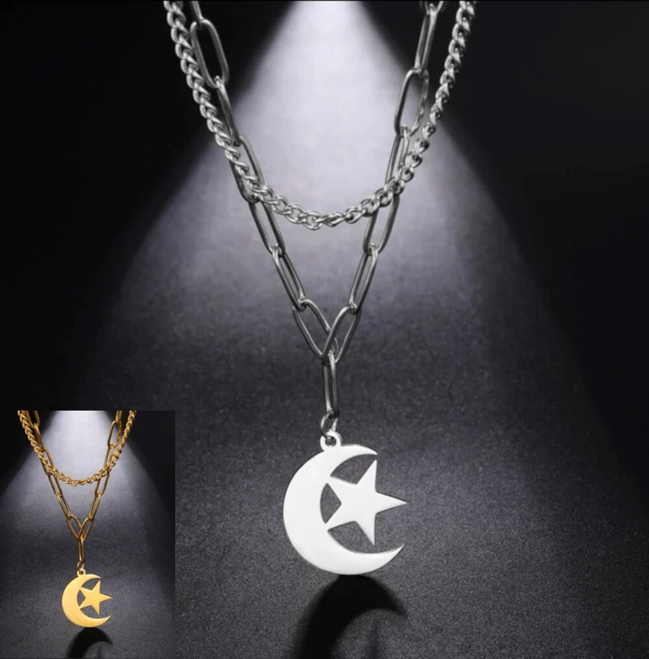 Collana a doppio catena in acciaio inox ciondolo luna  stella per donna idea reg - Immagine 1 di 1