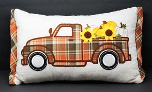 Lumbar throw Pillow 18" x 12" Plaid Market Pumpkins Fall Decor Truck Sunflowers - Picture 1 of 5