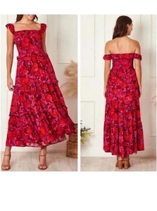 Abel the Label Anthropologie Hot Pink Floral Ruffly Tiered Maxi Dress - Medium - Bild 1 von 10